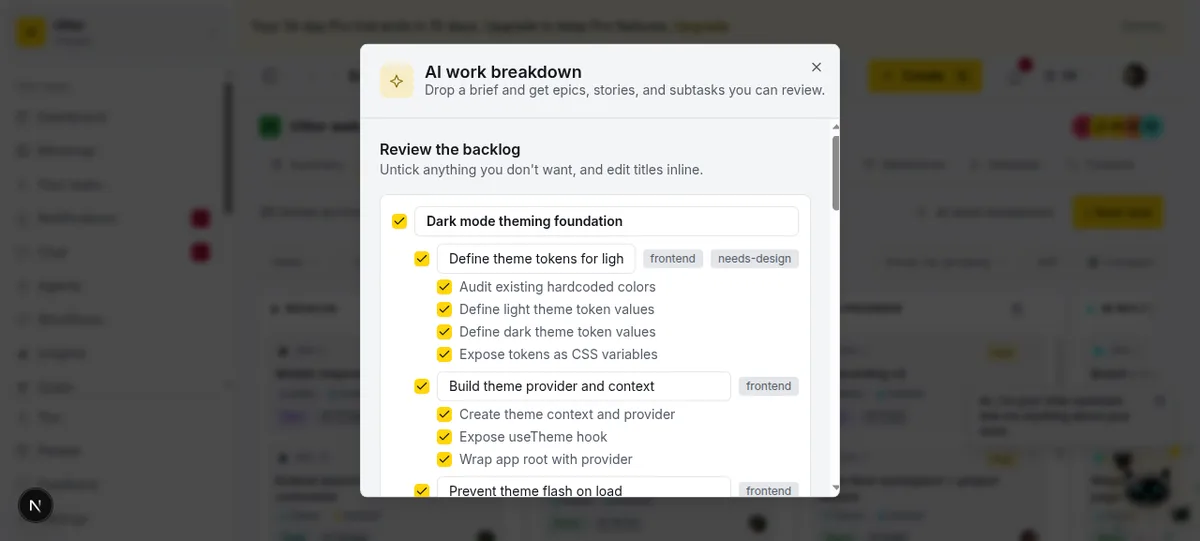 The review step showing a proposed backlog: an epic "Dark mode theming foundation" with nested stories carrying label chips, each broken into subtasks like "Create theme context and provider" and "Expose useTheme hook."