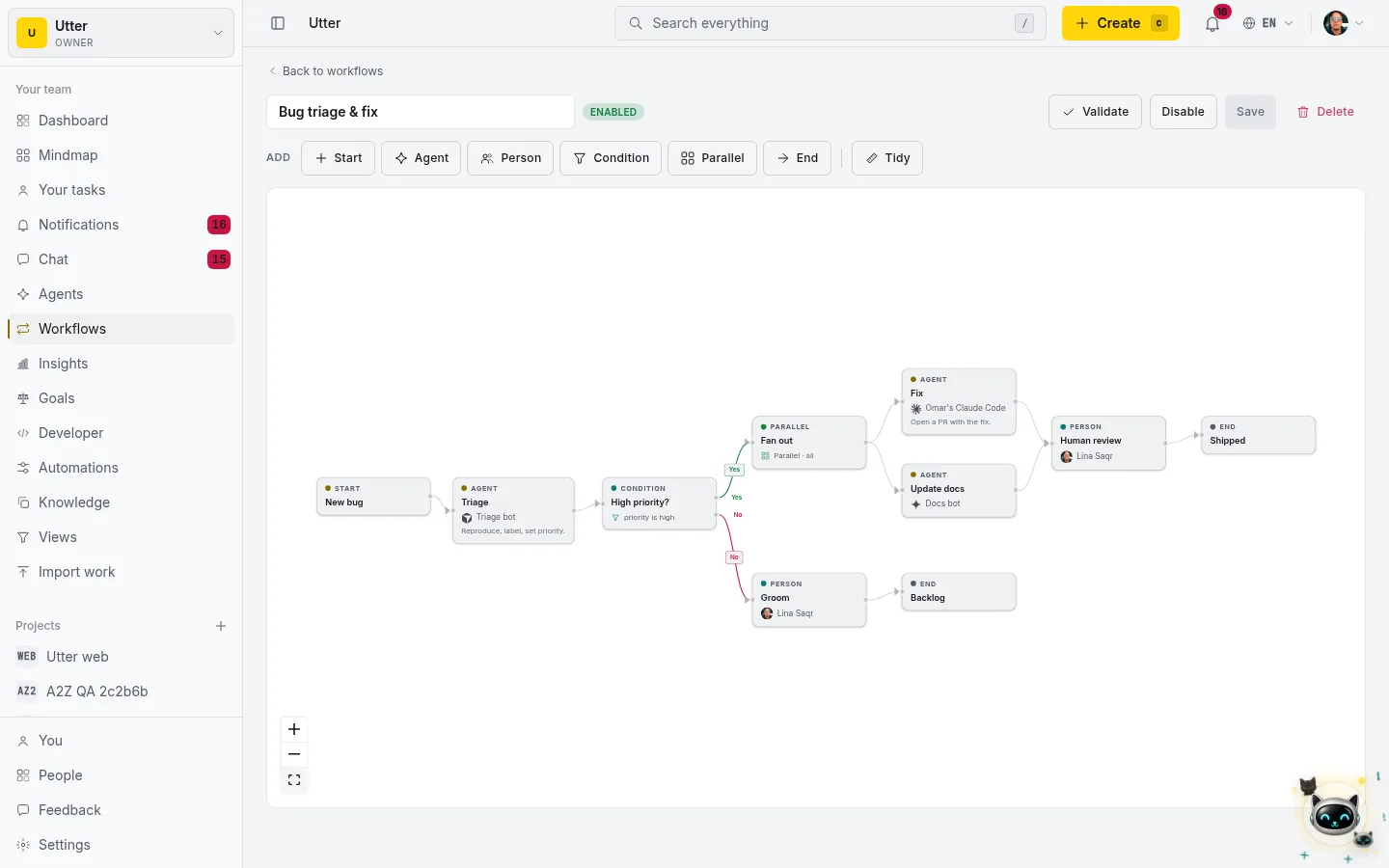 The Taskfolk workflow builder: a bug-triage pipeline with agent and person stages, a parallel fan-out, and a Yes/No condition branch