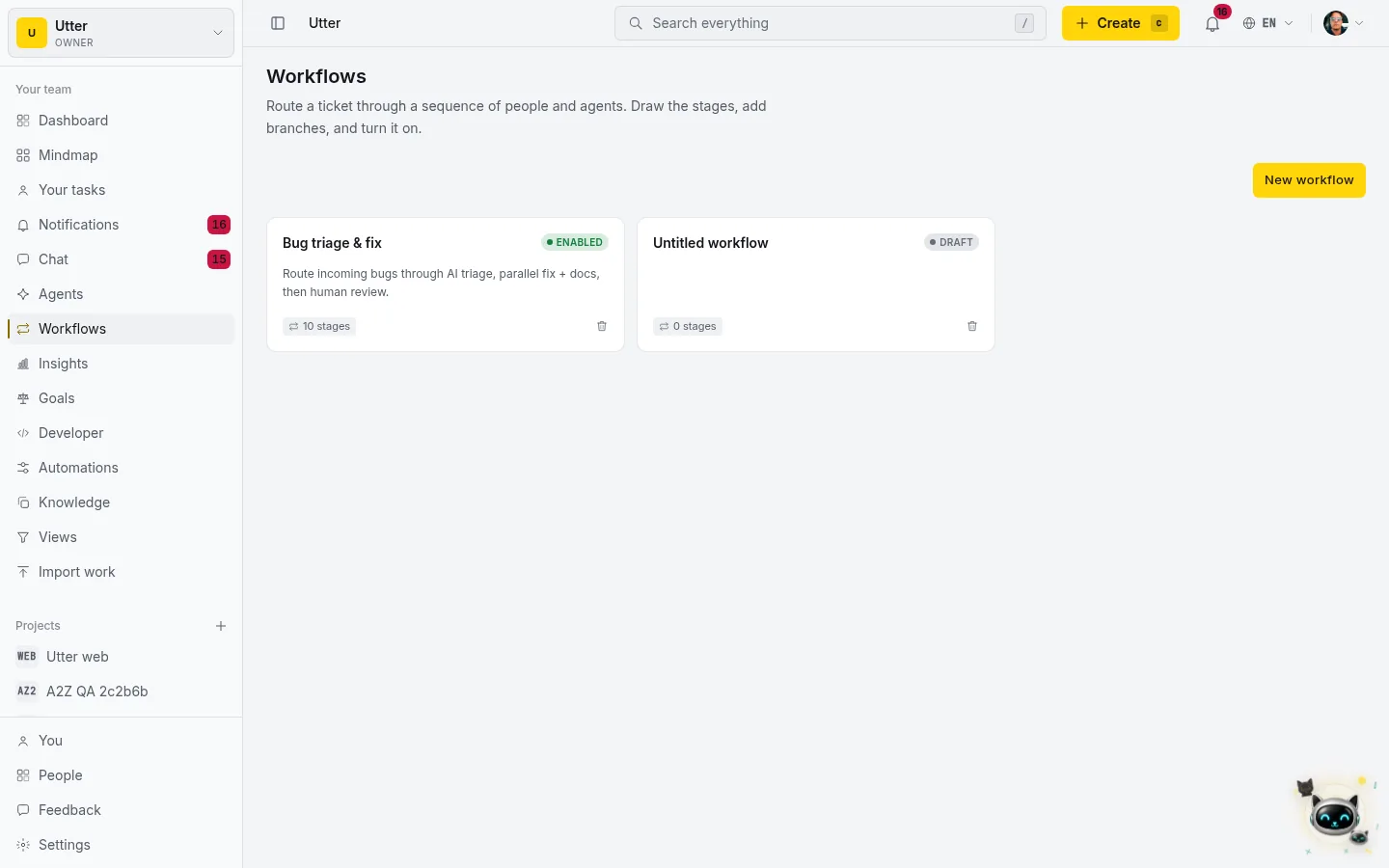 The Workflows area, where you build and enable pipelines for your workspace