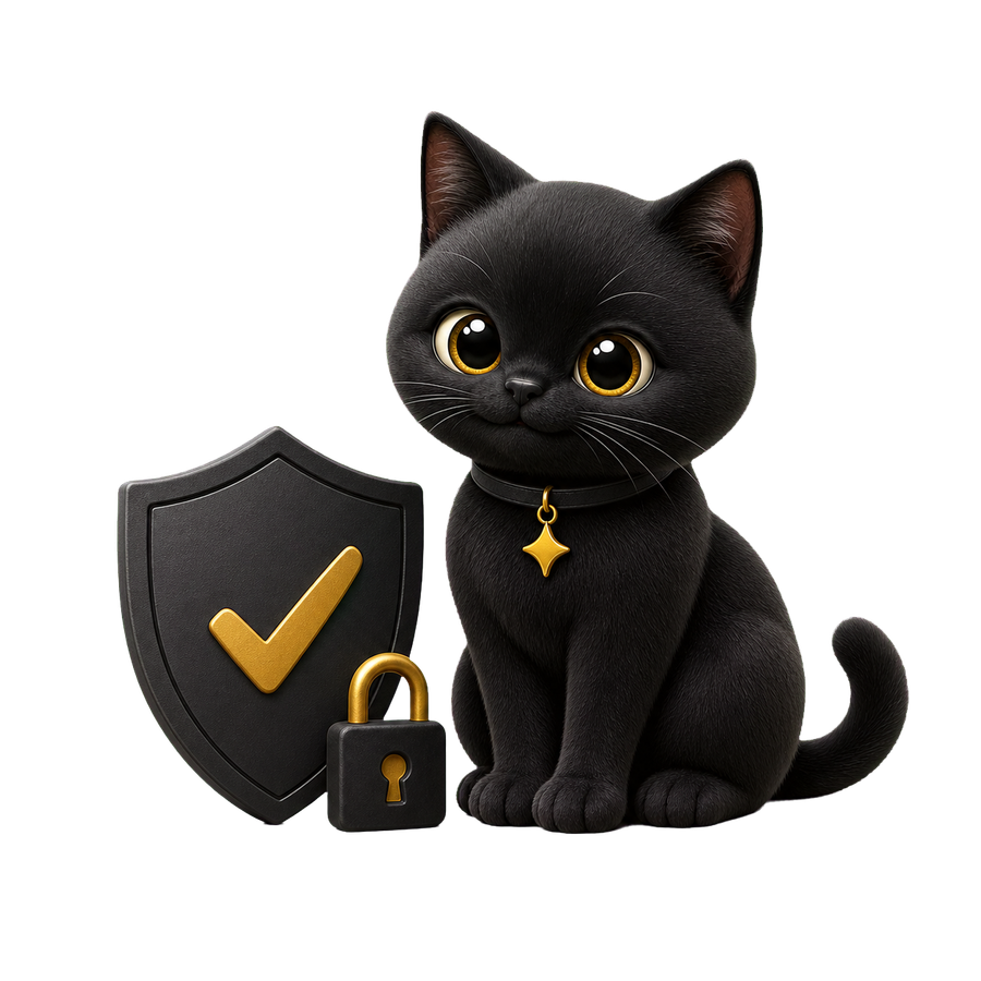 Taskfolk's black cat mascot sitting beside a privacy shield and lock