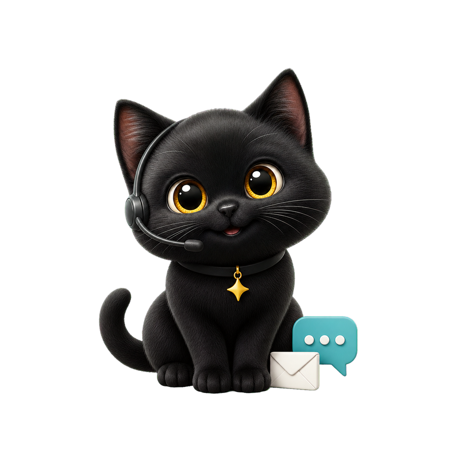 Taskfolk's black cat mascot wearing a support headset beside chat and email icons
