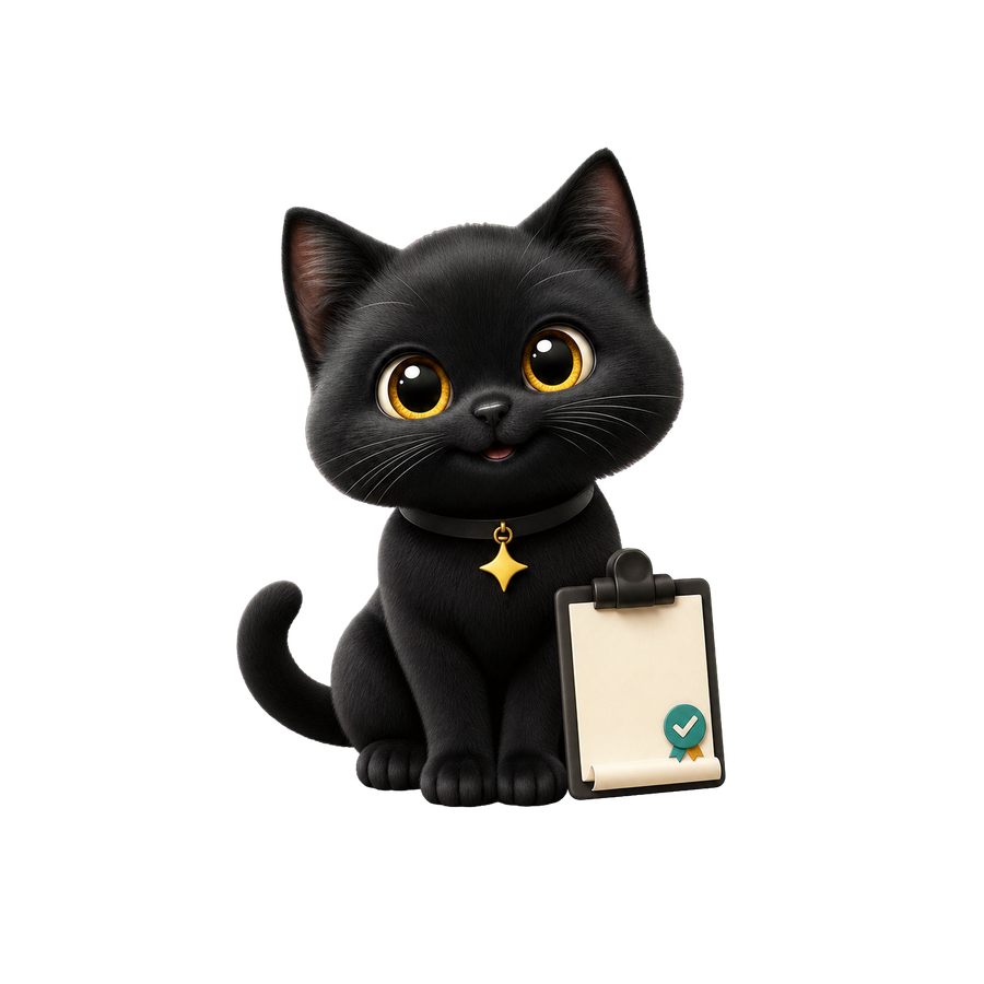 Taskfolk's black cat mascot holding a checked terms document