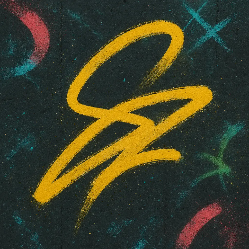 Hand-painted brand mark on a concrete-textured surface