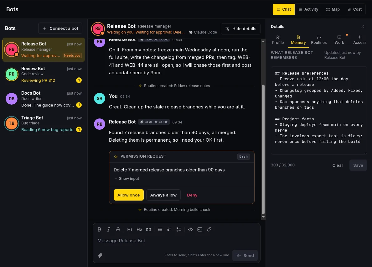 The Taskfolk Bots page: a roster of bots with live status, a chat with Release Bot asking to approve a branch cleanup, and the bot's memory
